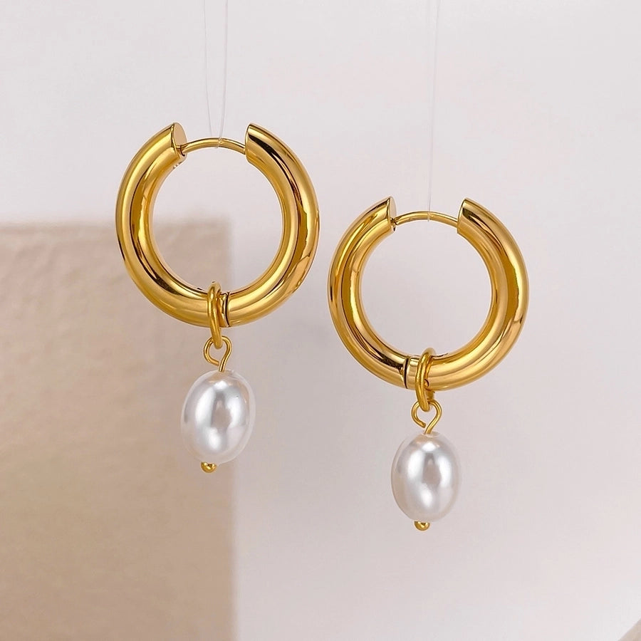 1 Pair French Style Geometric Pearl chain 304 Stainless Steel 18K Gold Plated Drop Earrings