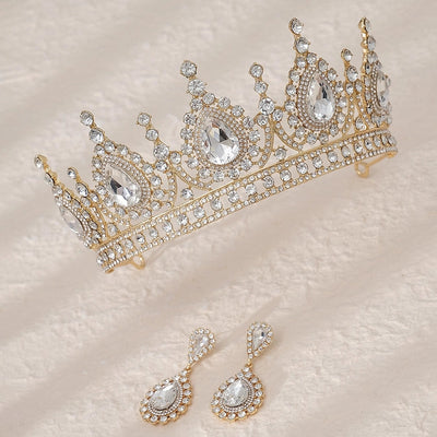 retro water droplets alloy hollow out inlay rhinestones crown earrings