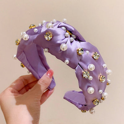 retro lady classic style solid color cloth inlaid pearls hair band