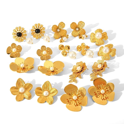 1 Piece IG Style Flower Plating Inlay 304 Stainless Steel Natural Stone Pearl 18K Gold Plated Drop Earrings Ear Studs