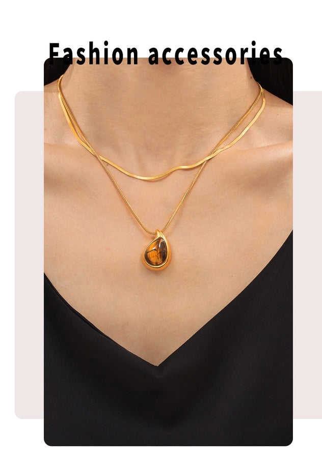 Jewelry Retro Classic Style Water Droplets 304 Stainless Steel Tiger Eye 18K Gold Plated Plating Inlay Pendant Necklace Necklace