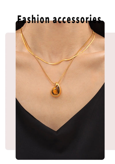 Jewelry Retro Classic Style Water Droplets 304 Stainless Steel Tiger Eye 18K Gold Plated Plating Inlay Pendant Necklace Necklace