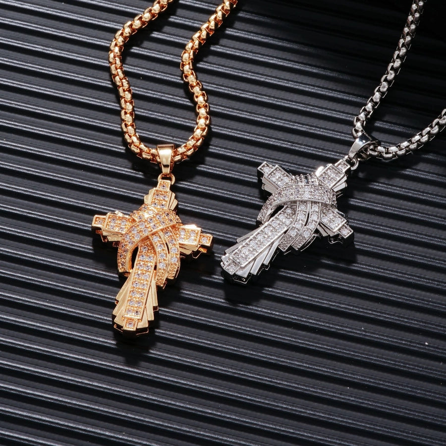 304 Stainless Steel Copper Inlay Cross Zircon Pendant Necklace
