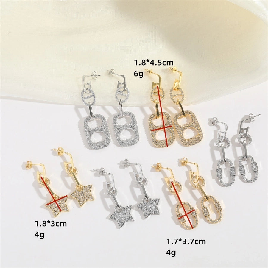 1 Pair Elegant Retro Pentagram Oval Plating Inlay Copper Zircon 14K Gold Plated Drop Earrings