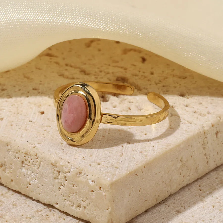 Wholesale Jewelry Retro French Style Oval Titanium Steel Natural Stone Turquoise Agate 14K Gold Plated Plating Inlay Open Rings