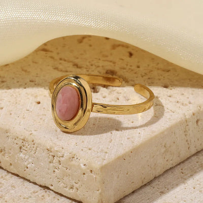 Wholesale Jewelry Retro French Style Oval Titanium Steel Natural Stone Turquoise Agate 14K Gold Plated Plating Inlay Open Rings