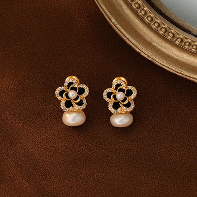 1 Pair Glam Luxurious French Style Flower Inlay Copper Freshwater Pearl Zircon 18K Gold Plated Ear Studs