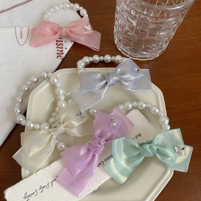 Women's Korean Style IG Style Bow Knot Imitation Pearl Gauze Beaded Hair Tie