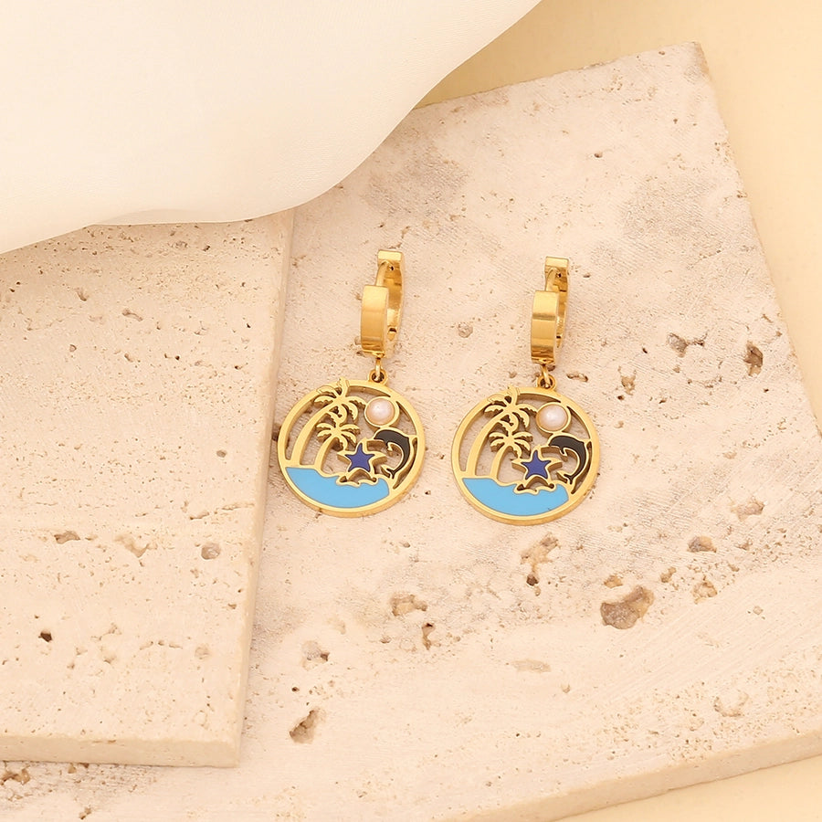 Jewelry Hawaiian Commute Coconut Tree Dolphin 304 Stainless Steel Pearl 18K Gold Plated Hollow Out Jewelry Set