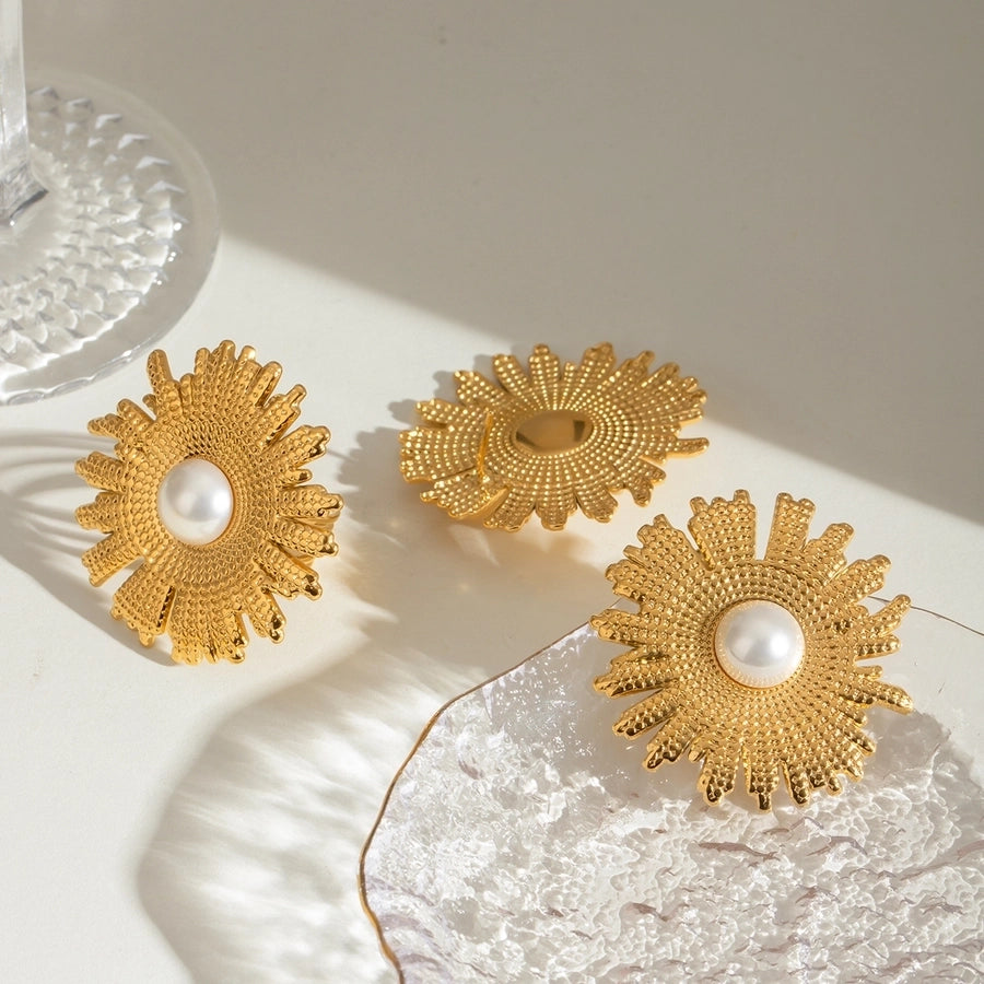 Jewelry Elegant Artistic Flower 304 Stainless Steel Pearl Plating Inlay Rings Earrings