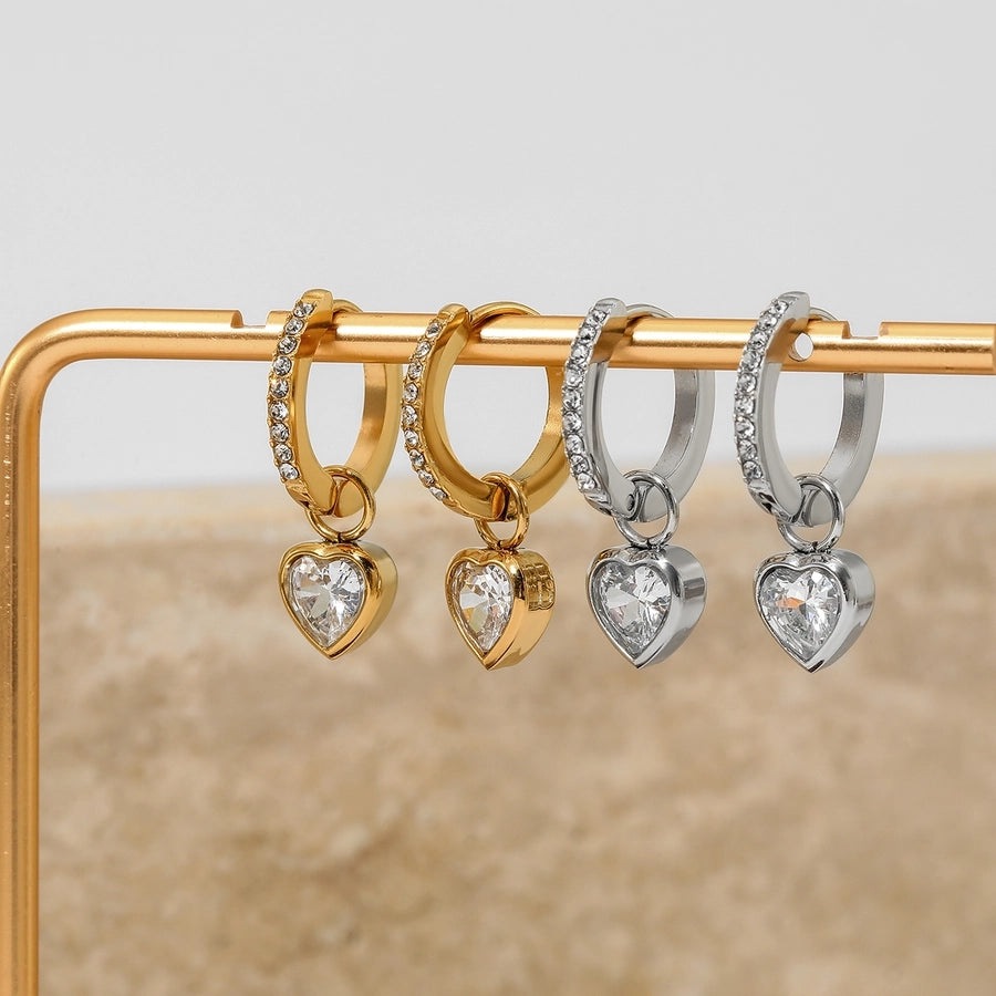 1 Pair Modern Style Heart Shape Plating 304 Stainless Steel Zircon 16K Gold Plated White Gold Plated Drop Earrings