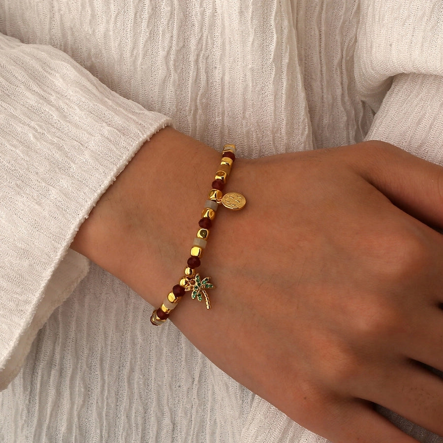 Jewelry IG Style Coconut Tree Copper Artificial Gemstones Beaded Inlay Bracelets