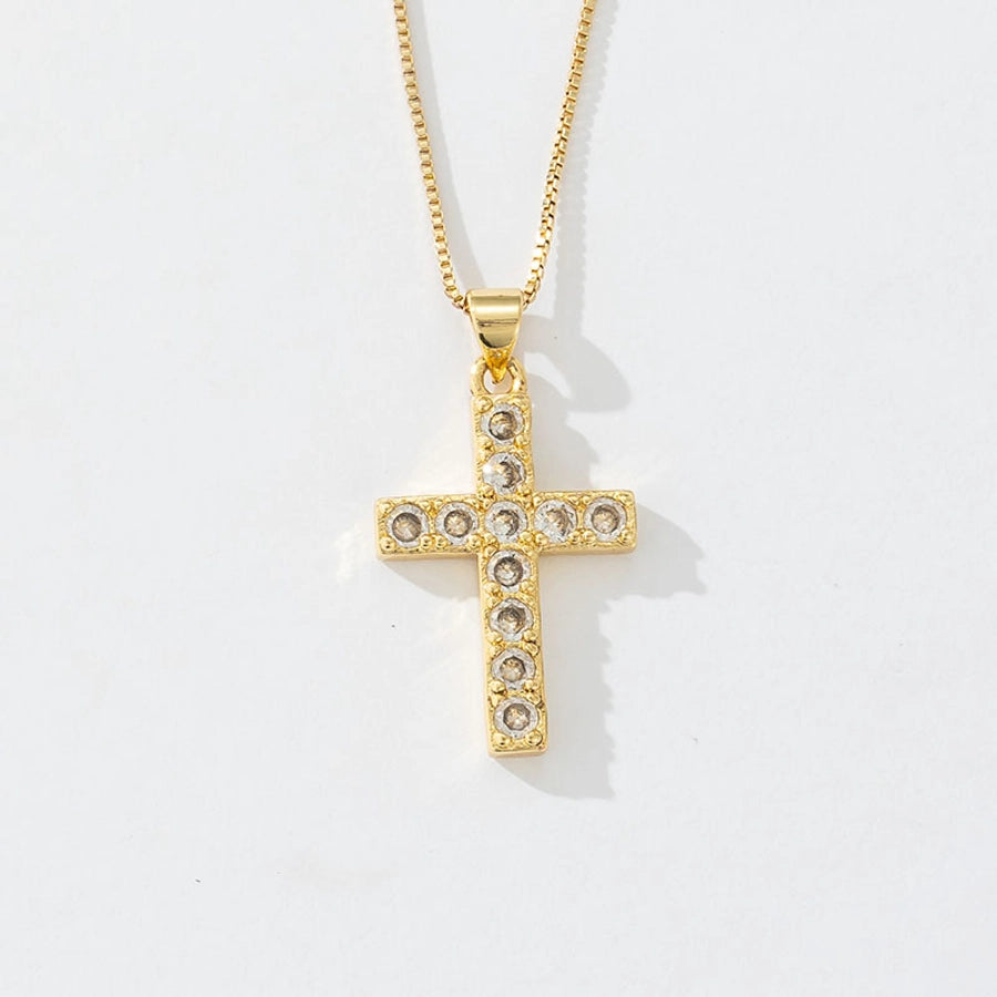 Copper box chain 18K Gold Plated Inlay Carving Cross Zircon Pendant Necklace