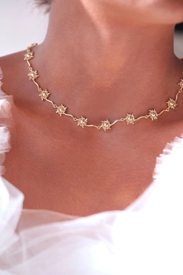 Copper 14K Gold Plated Inlay Sun rose flower Bow Knot Zircon Bracelets Necklace