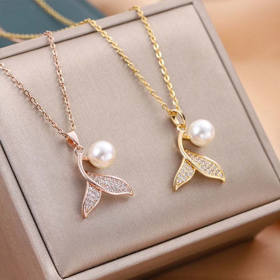 Jewelry Cute IG Style Fish Tail Titanium Steel Brass Pearl Zircon 18K Gold Plated Inlay Pendant Necklace