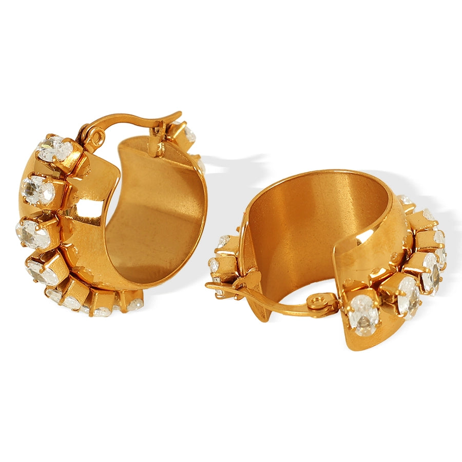 1 Pair Elegant Retro French Style C Shape Semicircle Polishing Plating Inlay 304 Stainless Steel Zircon 18K Gold Plated Earrings