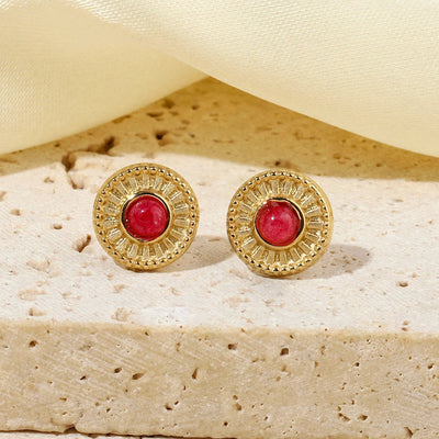 One Pack and Two Pairs Retro French Style Geometric Plating Titanium Steel Natural Stone 14K Gold Plated Ear Studs