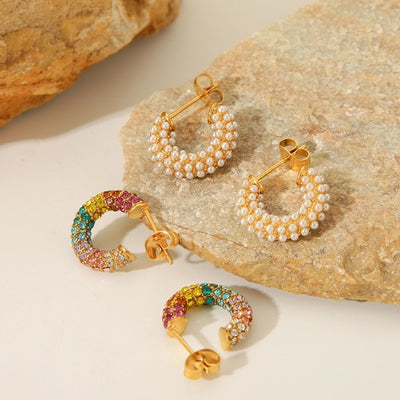 1 Piece IG Style C Shape Plating Inlay 304 Stainless Steel Rhinestones Pearl 18K Gold Plated Ear Studs