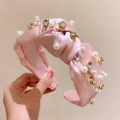 retro lady classic style solid color cloth inlaid pearls hair band