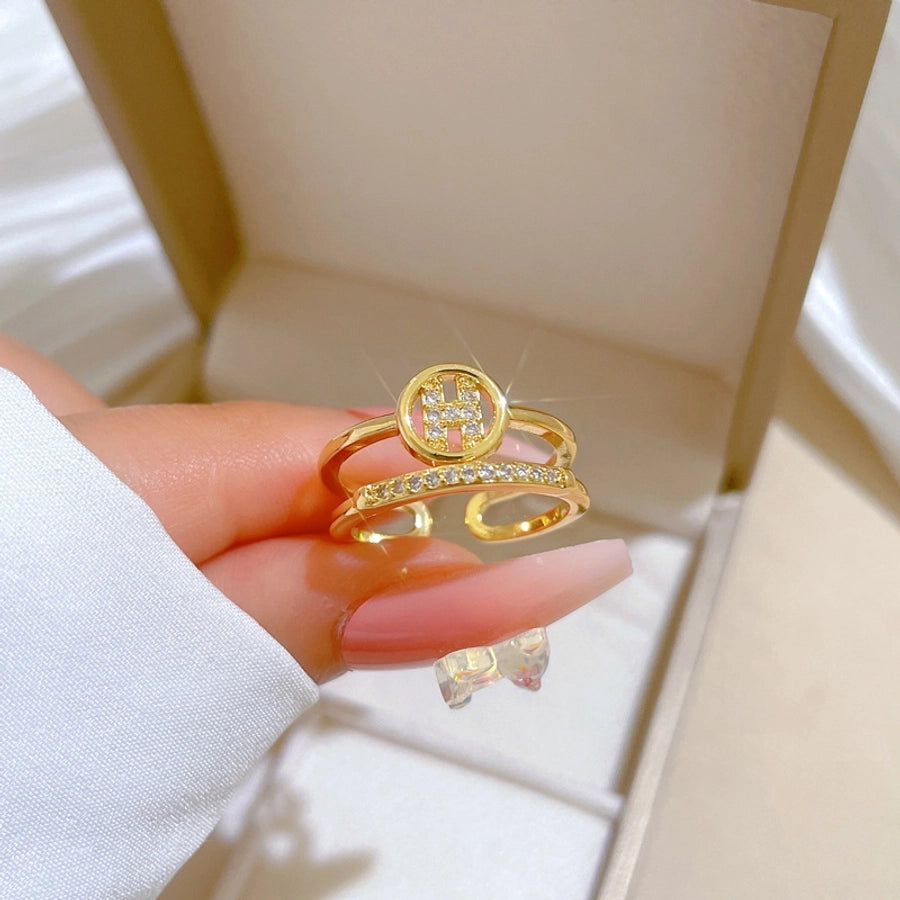 Brass Gold Plated Geometric Letter Zircon Brass Rings