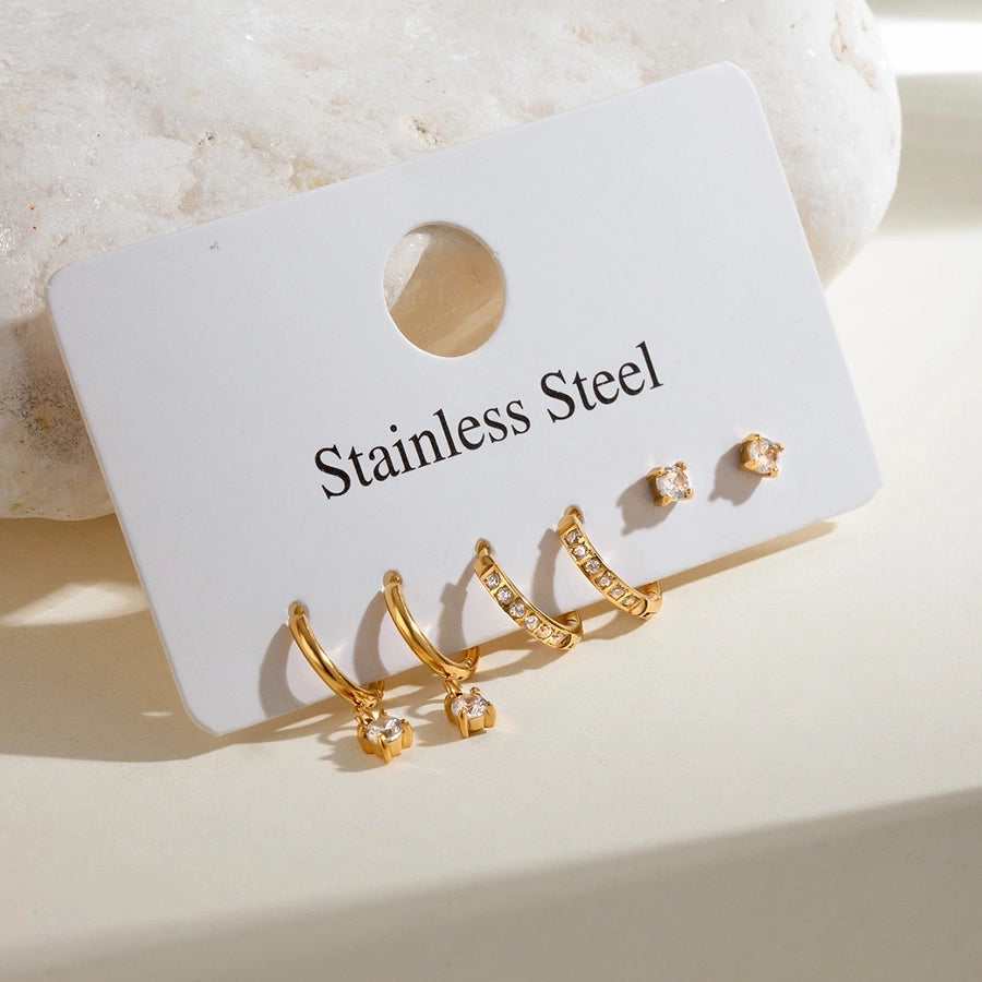 18K Gold Stainless Steel Rhinestone White Rhinestone Ear Clip Earrings 3 Pairs One Card