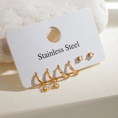 18K Gold Stainless Steel Rhinestone White Rhinestone Ear Clip Earrings 3 Pairs One Card