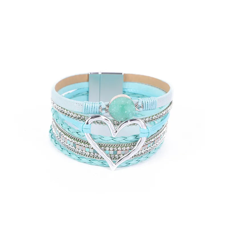 elegant classic style heart shape pu leather inlay rhinestones women's bracelets