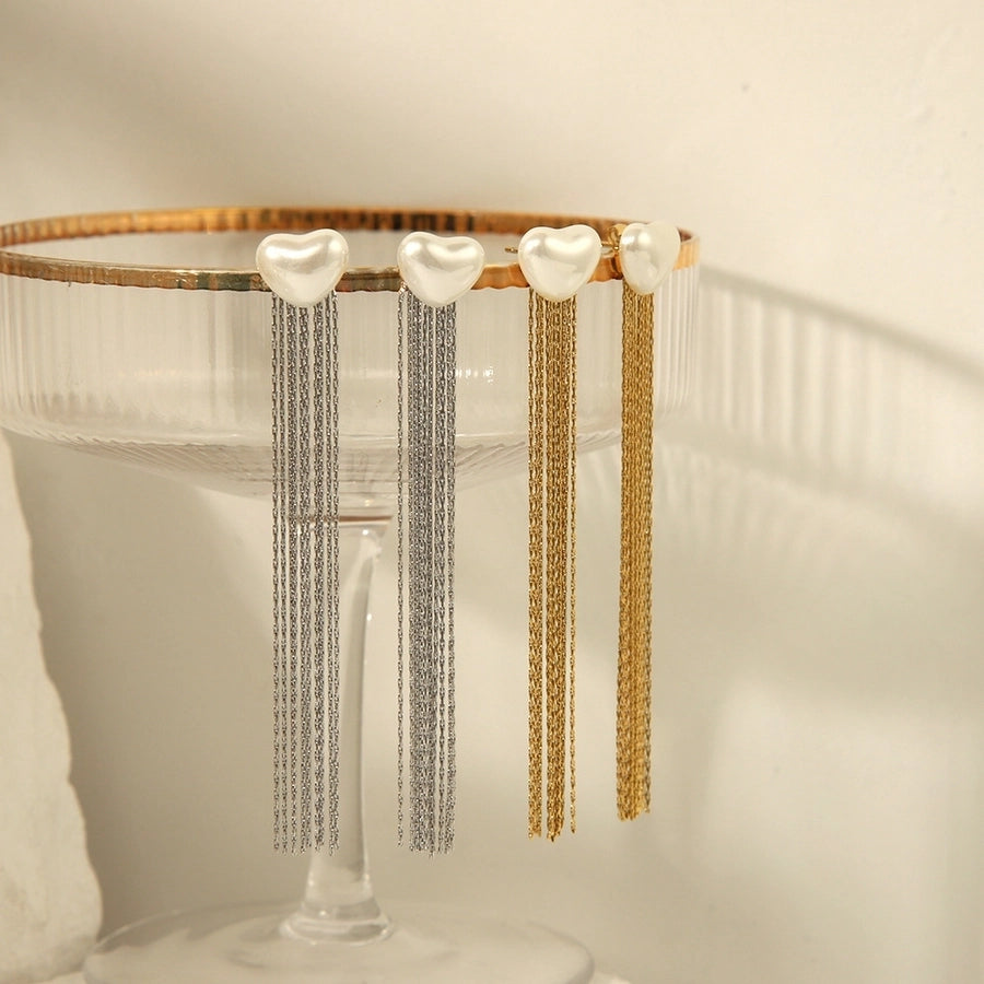 1 Pair Elegant Glam Heart Shape Tassel Plating Inlay 304 Stainless Steel Pearl 18K Gold Plated Ear Studs