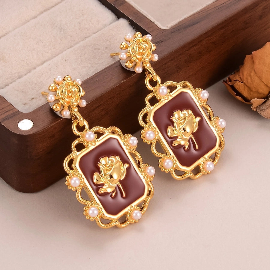 1 Pair Retro Simple Style Rose Inlay Alloy Artificial Pearls Gold Plated Drop Earrings