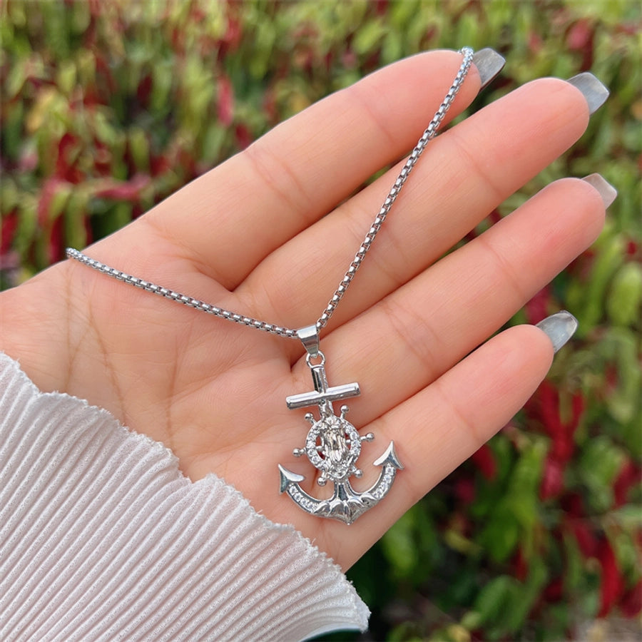 Copper 18K Gold Plated Inlay Anchor Zircon Pendant Necklace