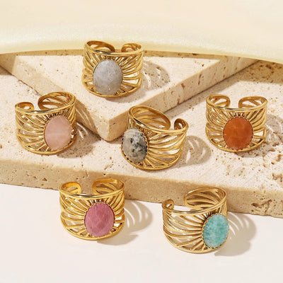 Wholesale Jewelry Retro French Style Oval Titanium Steel Natural Stone 14K Gold Plated Plating Inlay Open Rings