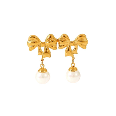 1 Pair Sweet Butterfly Bow Knot Plating Inlay 304 Stainless Steel Rhinestones Pearl 18K Gold Plated Drop Earrings Ear Studs