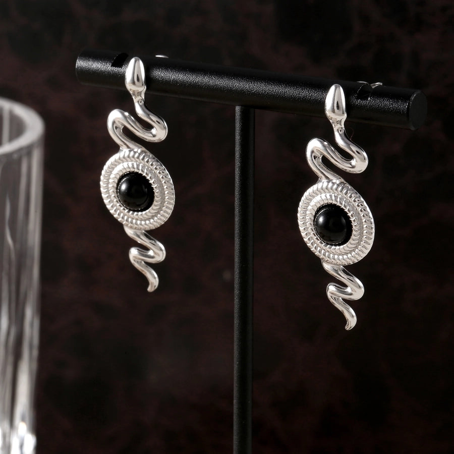 1 Pair Retro British Style Round Snake Plating Inlay 304 Stainless Steel Natural Stone Agate 18K Gold Plated Ear Studs