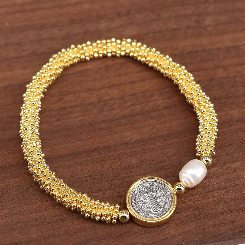 Imitation Pearl Copper Beaded Round Virgin Mary Bracelets