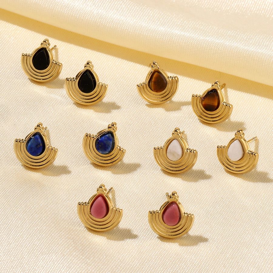 One Pack and Two Pairs Retro French Style Geometric Plating Titanium Steel Natural Stone 14K Gold Plated Ear Studs