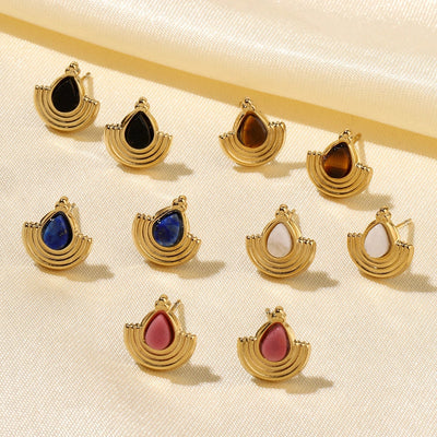 One Pack and Two Pairs Retro French Style Geometric Plating Titanium Steel Natural Stone 14K Gold Plated Ear Studs