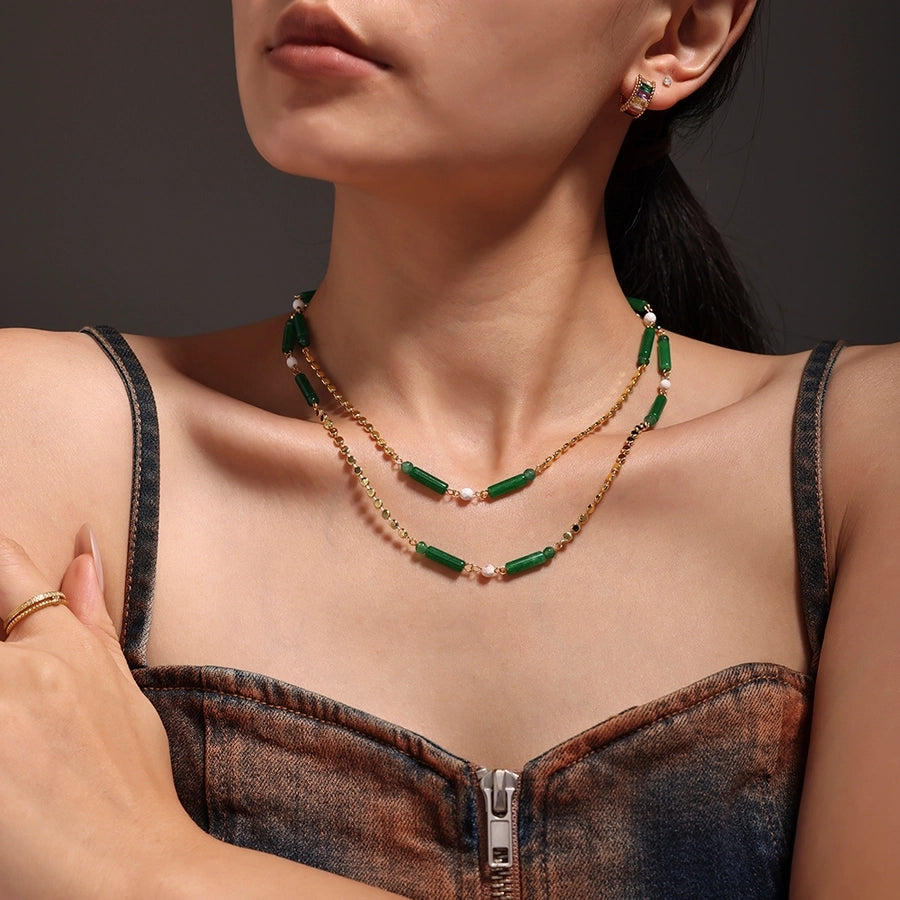 Jewelry Elegant Vacation chain 304 Stainless Steel Aventurine 18K Gold Plated Beaded Necklace