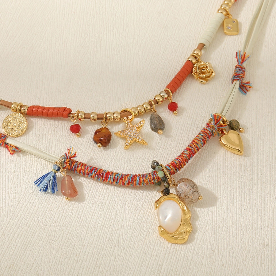 Casual Cute Commute Irregular natural stone Leather rope Copper Beaded Chain Woven Chain Necklace In Bulk