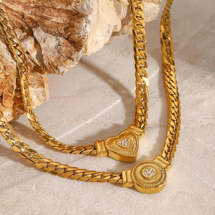 18K Gold Stainless Steel White Diamond Diamond Rib Heart Pendant Chain Necklace