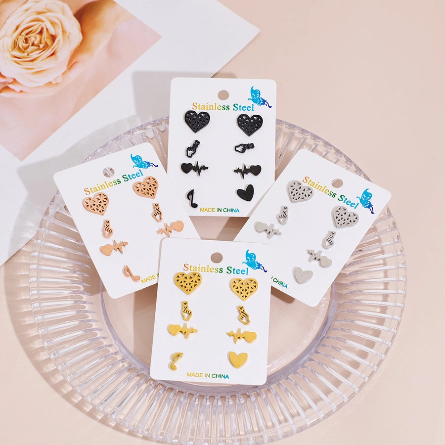 4 Pairs Cute Sweet Commute Geometric Heart Shape Polishing Hollow Out 304 Stainless Steel 18K Gold Plated Ear Studs