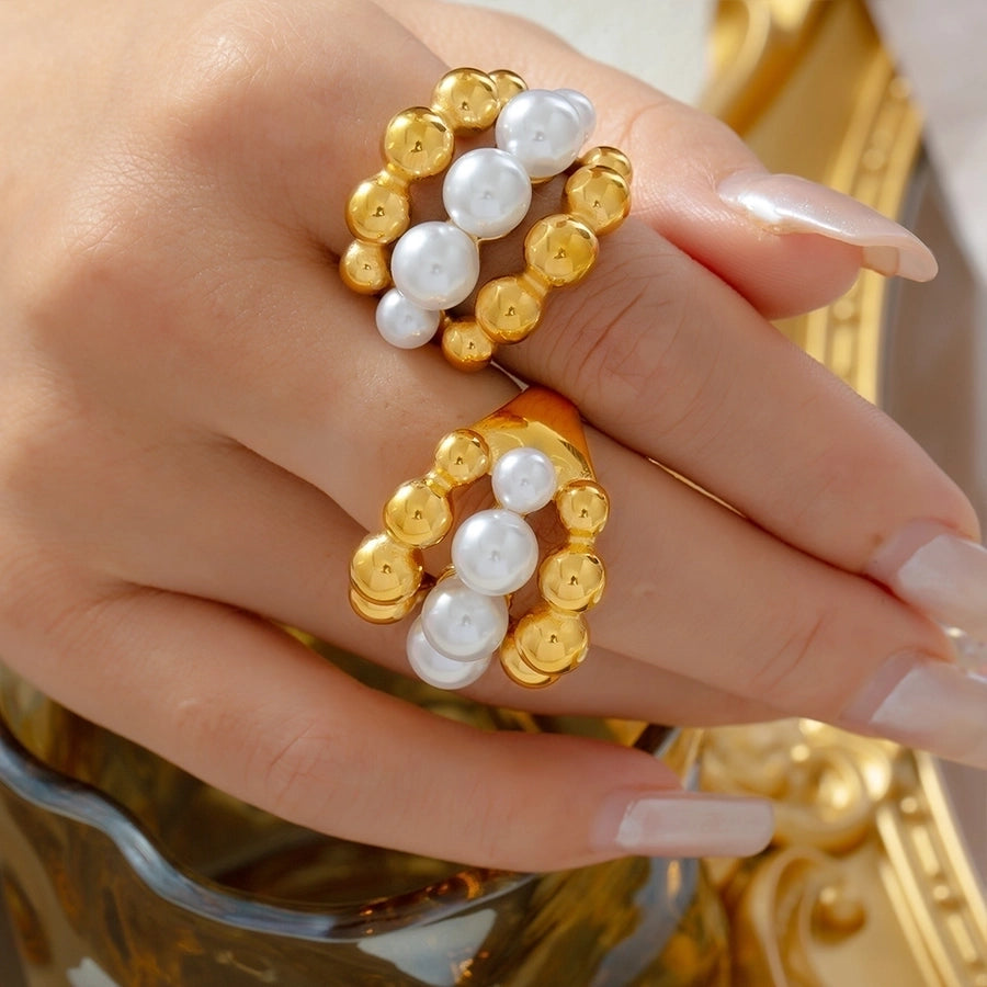 Jewelry Elegant French Style Round 304 Stainless Steel Artificial Pearls 18K Gold Plated Layered Inlay Rings