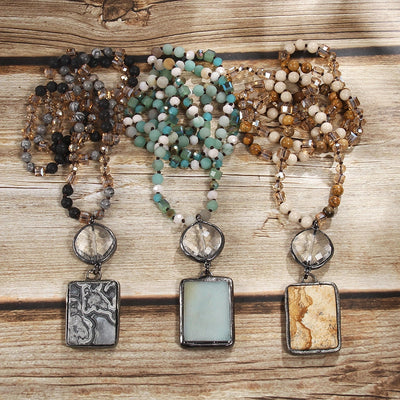 Retro Geometric natural stone Beaded Chain Pendant Necklace In Bulk