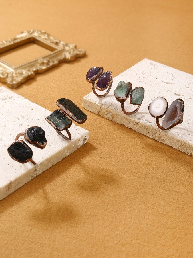 Gem Stone Copper Asymmetrical Inlay Geometric Gem Argyle Natural Stone Gem Crystal Open Rings