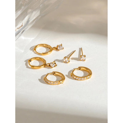 18K Gold Stainless Steel Rhinestone White Rhinestone Ear Clip Earrings 3 Pairs One Card