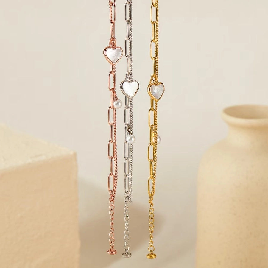 Casual Simple Style Heart Shape Titanium Steel 18K Gold Plated Artificial Pearls Shell Paperclip Chain Bracelets In Bulk