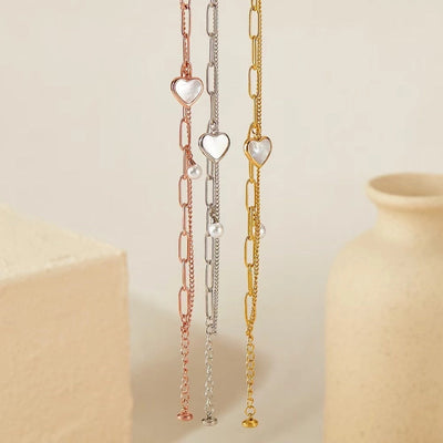 Casual Simple Style Heart Shape Titanium Steel 18K Gold Plated Artificial Pearls Shell Paperclip Chain Bracelets In Bulk