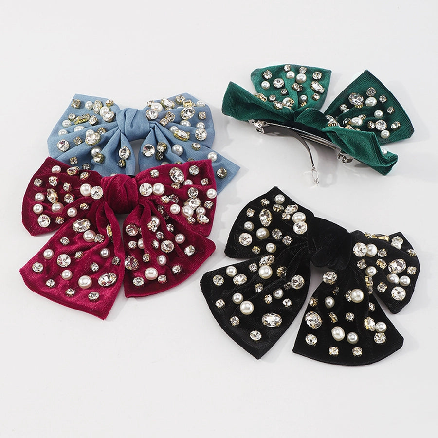 fashion bow knot alloy corduroy inlay artificial pearls rhinestones hair clip 1 piece