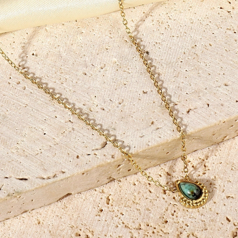 Jewelry Vintage Style French Style Geometric Water Droplets Titanium Steel Natural Stone 14K Gold Plated Plating Pendant Necklace