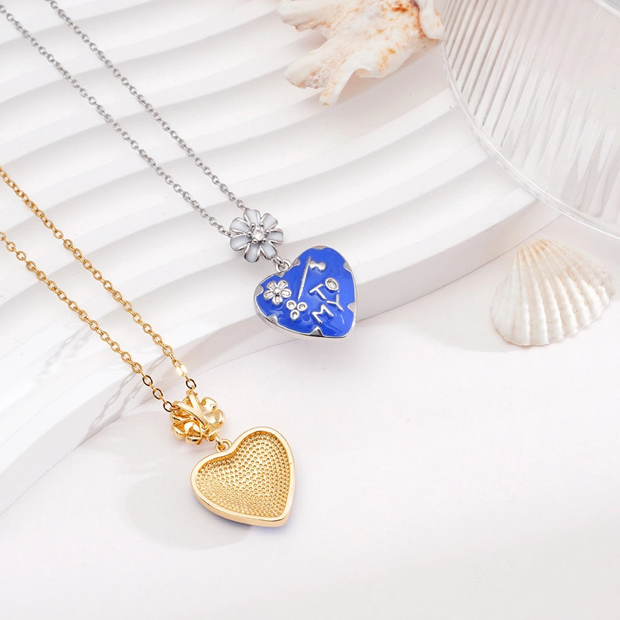 Jewelry IG Style Sweet Heart Shape Flower 304 Stainless Steel Copper Zircon 18K Gold Plated Enamel Inlay Pendant Necklace