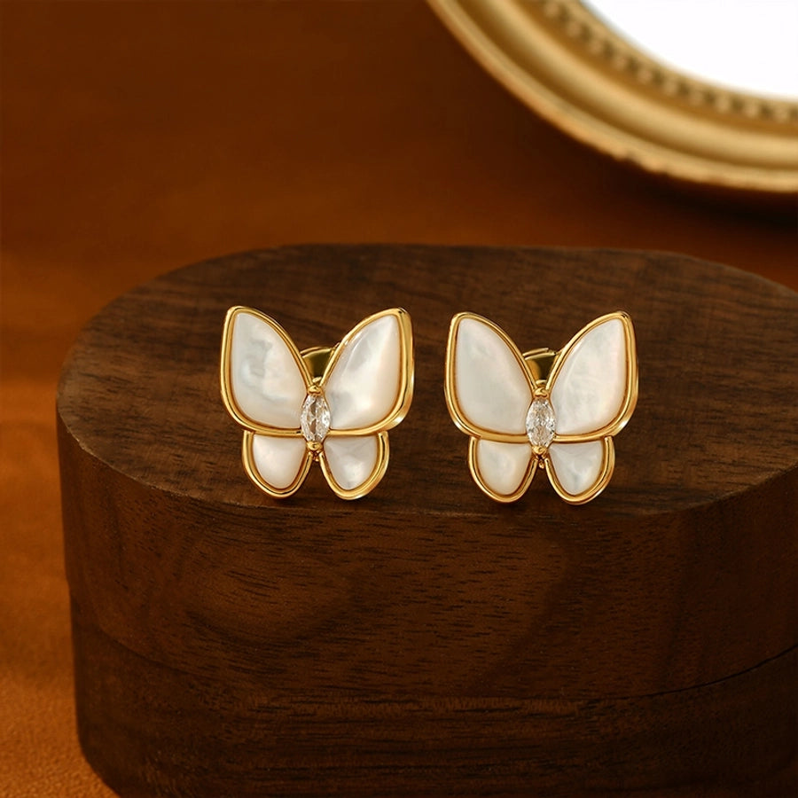 1 Pair Sweet Simple Style Butterfly Inlay Copper Shell Zircon 18K Gold Plated Ear Studs